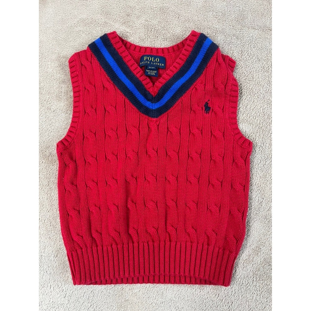 Polo Ralph Lauren Cable Knit Sweater Vest Kids Boy's Size 3T Red Preppy Cute EUC